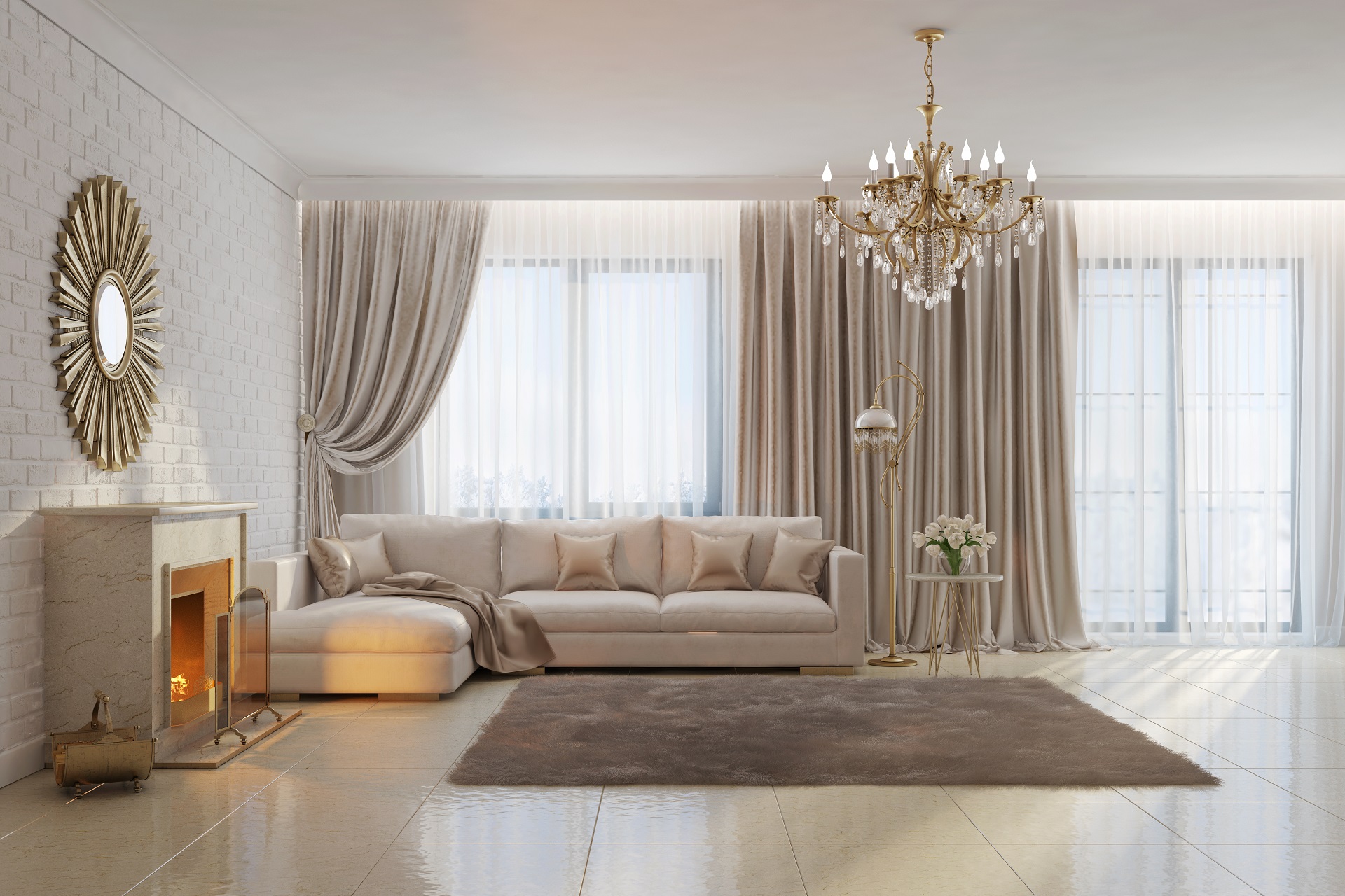 Bright and cozy living room with fireplace and mirror