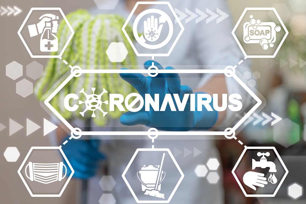 Coronavirus Disinfection Cleaning Service Concept. Sanitizing Decontamination Sterilization SARS-CoV-2 Infection. Virus Killing Frequent Event. Disinfect influenza.